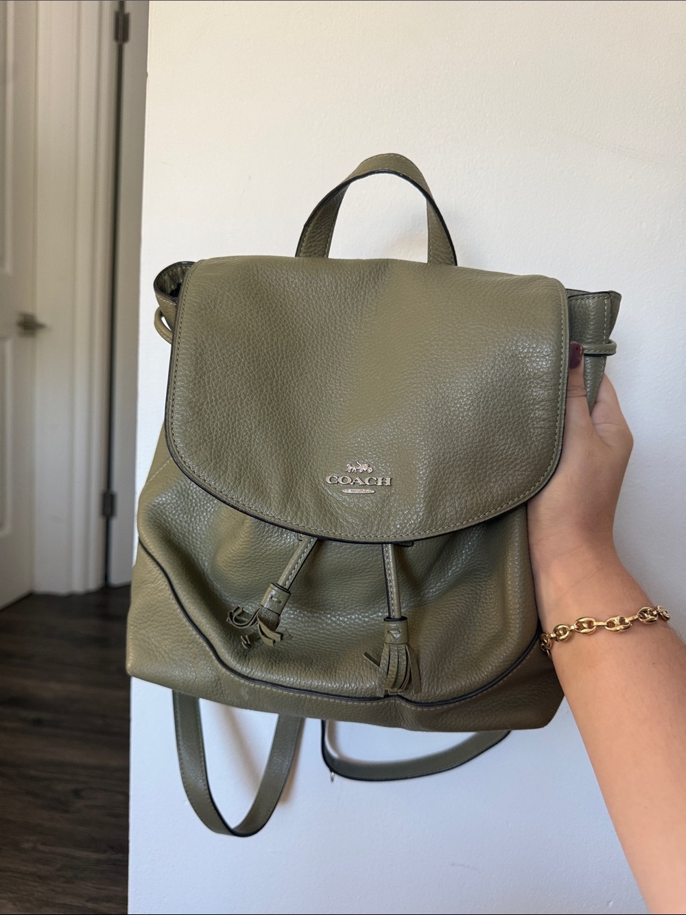 Coach Olive Green Pebbled Leather Drawstring Backpack